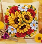 Coussin Tournesols, coquelicots et marguerites