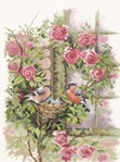 NESTING BIRDS IN RAMBLER ROSE sur toile Etamine 10.5 fils